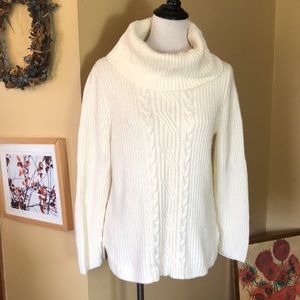 TALBOTS Size Large P Rib Fisherman Turtleneck ECRU Cotton Rayon Cashmere Nylon